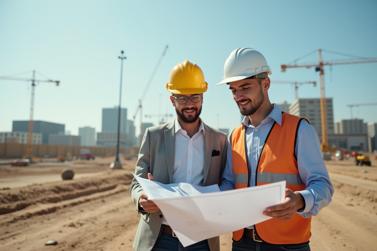 Ingénieur civil et architecte étudiant des plans sur un terrain vacant
