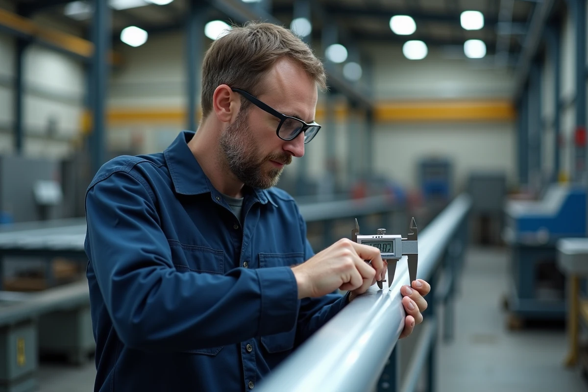 Ingénieur mesurant un tube en aluminium avec un pied à coulisse numérique dans un atelier de fabrication métallique