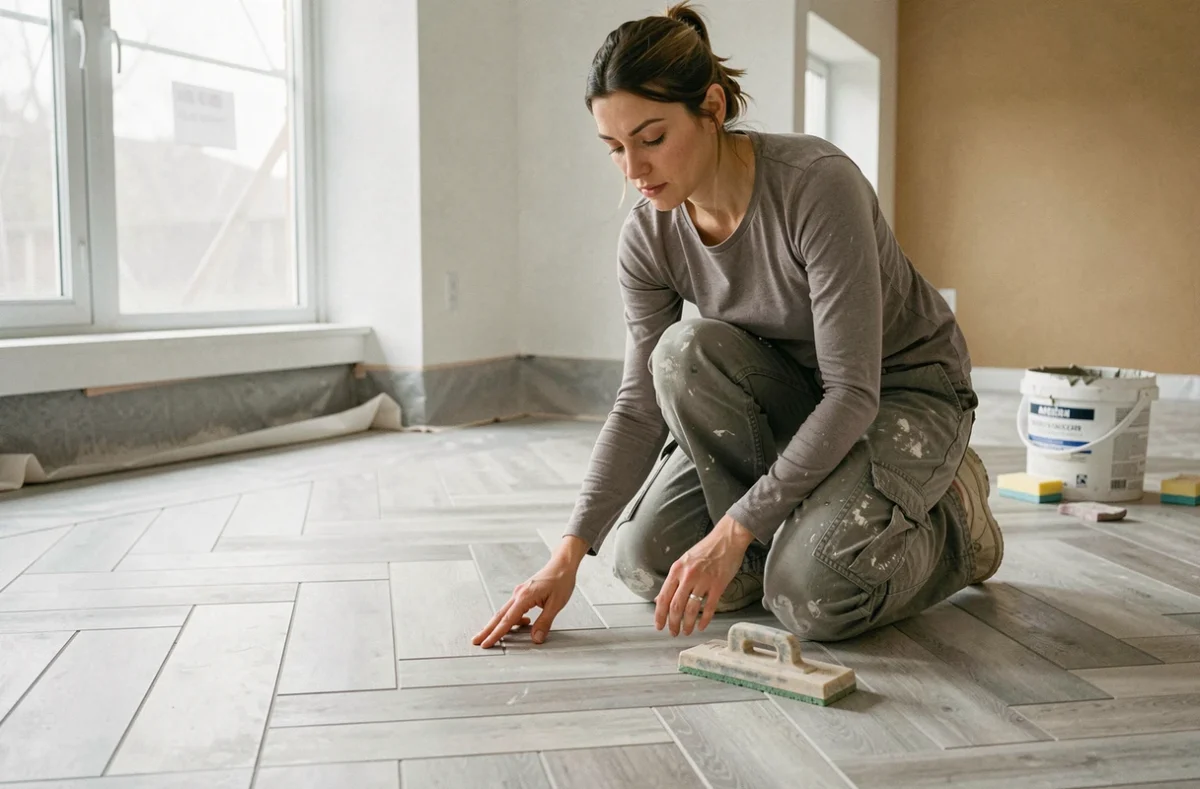 Spécialiste en rénovation inspectant un carrelage en chevron jointé dans un salon en cours de travaux