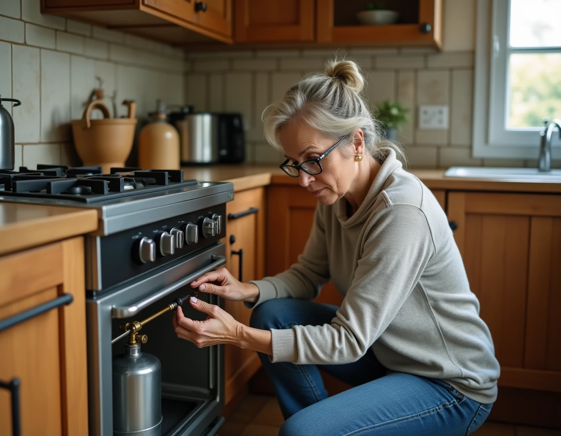Femme inspectant un vieux détendeur butane sous une cuisinière dans une cuisine domestique