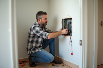 Homme moyen&acirc;geux examine un panneau &eacute;lectrique dans une maison