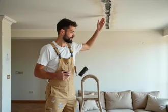 Homme inspectant une fissure au plafond dans un salon résidentiel, debout sur un escabeau en bois avec une lampe de poche