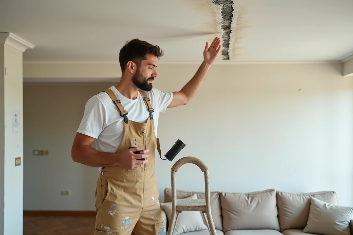 Homme inspectant une fissure au plafond dans un salon résidentiel, debout sur un escabeau en bois avec une lampe de poche