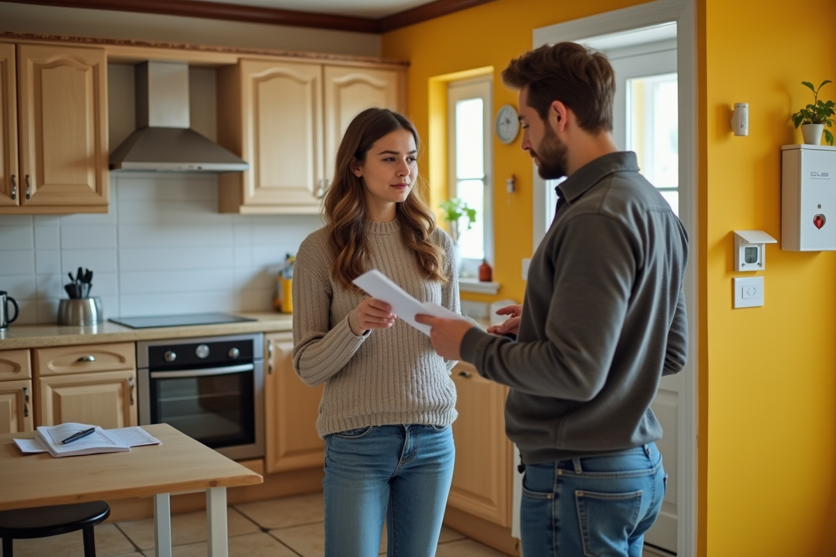 Jeune femme observant un inspecteur dans une cuisine lumineuse