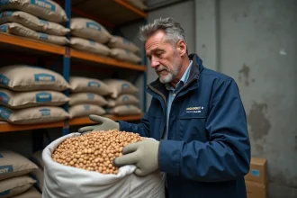 Homme inspectant des granulés de bois Leclerc dans une réserve de stockage avant achat