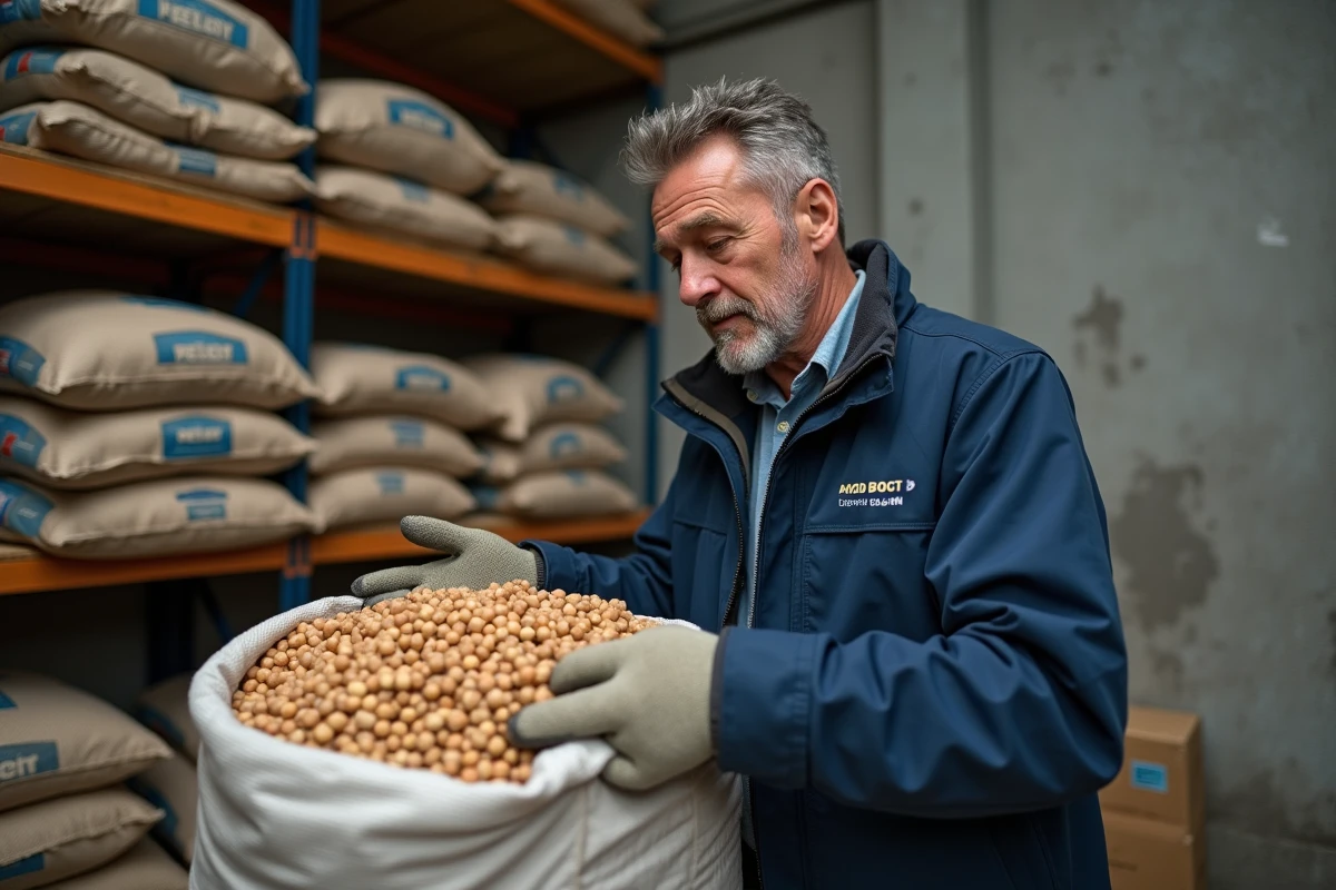 Homme inspectant des granulés de bois Leclerc dans une réserve de stockage avant achat