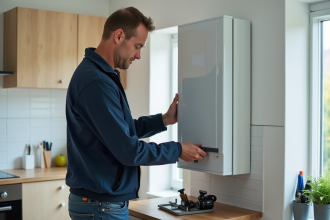 Homme moyenâgeux examinant une chaudière gaz moderne dans une cuisine