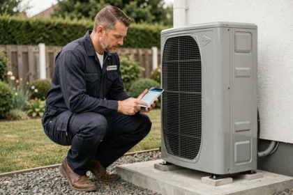 Installateur professionnel examinant une pompe à chaleur Viessmann installée en extérieur sur un support béton