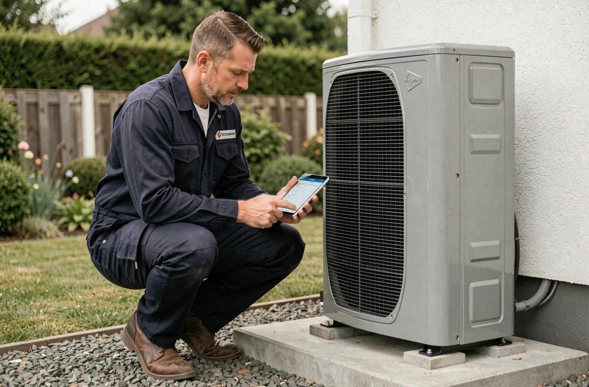Installateur professionnel examinant une pompe à chaleur Viessmann installée en extérieur sur un support béton