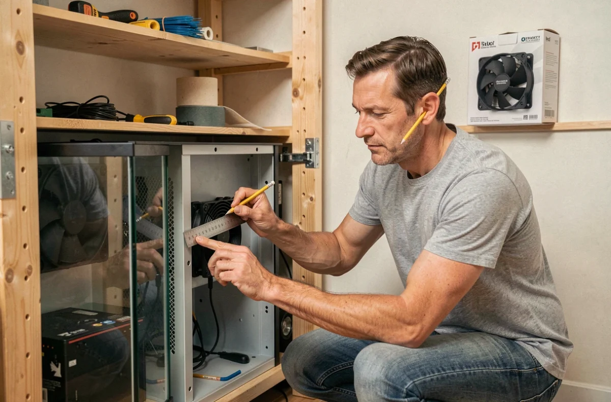 Personne installant un système d'airflow dans un boitier d'aquarium lors d'un montage DIY à domicile