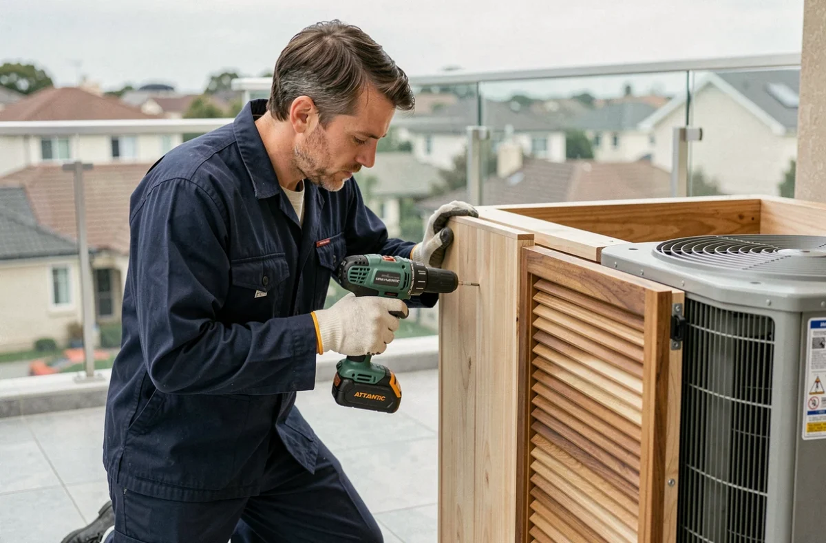 Technicien installant un caisson insonorisé autour d'une pompe à chaleur sur une terrasse