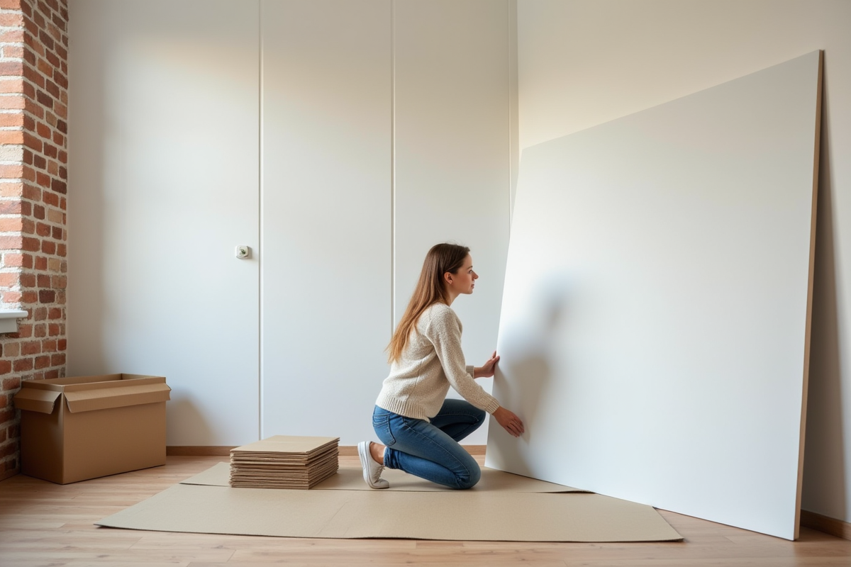 Jeune femme installe des panneaux muraux blancs dans un appartement lumineux