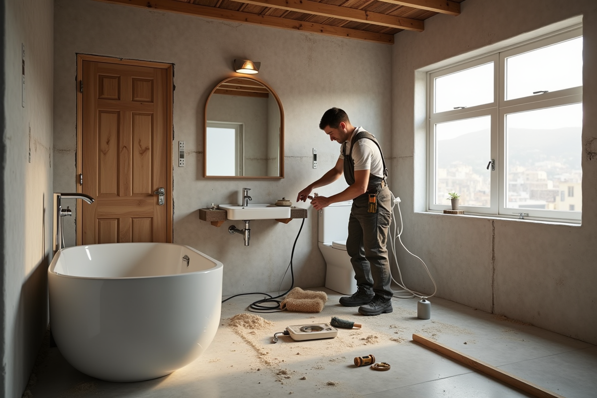 Ouvrier installant la plomberie dans une salle de bain en rénovation
