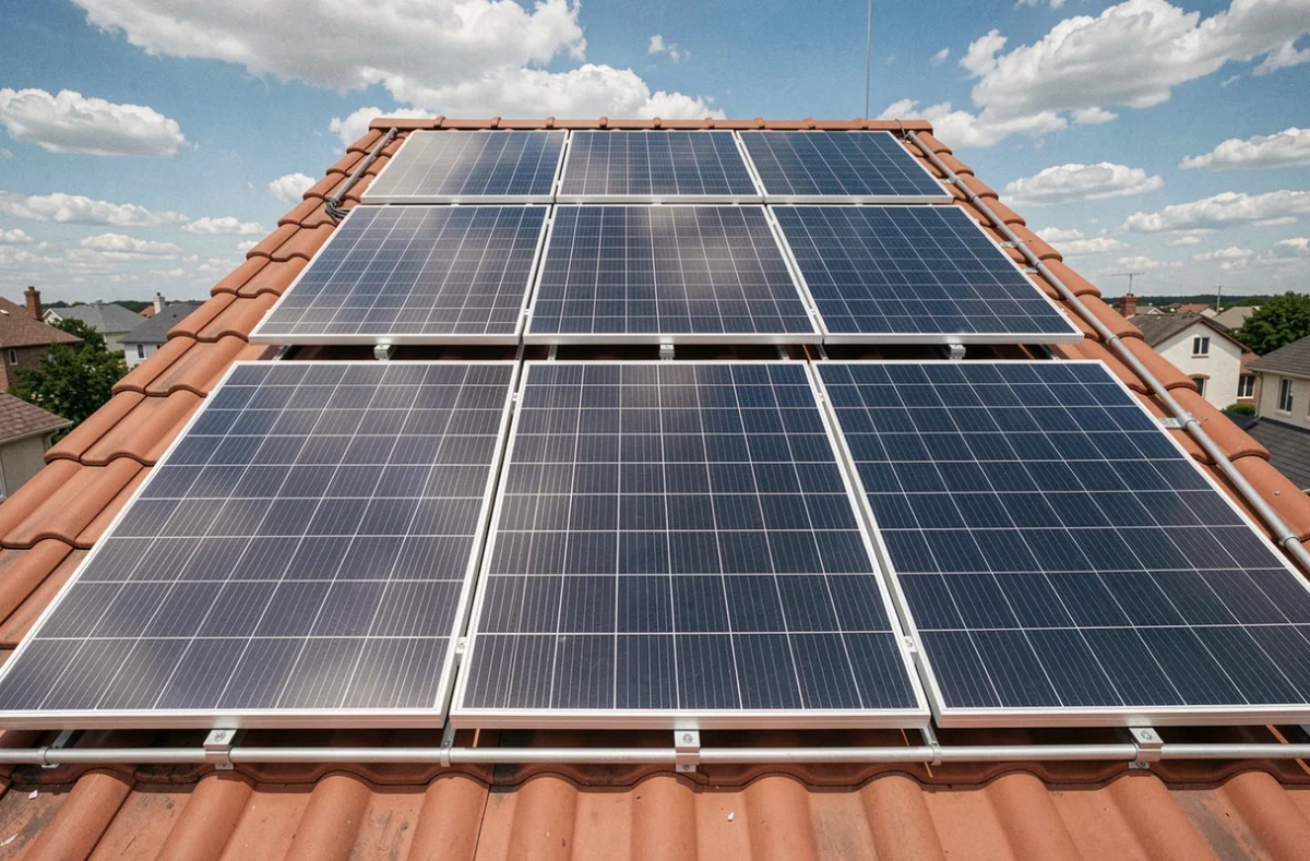Gros plan sur une installation de panneaux solaires monocristallins en rangées sur un toit de maison avec câblage visible