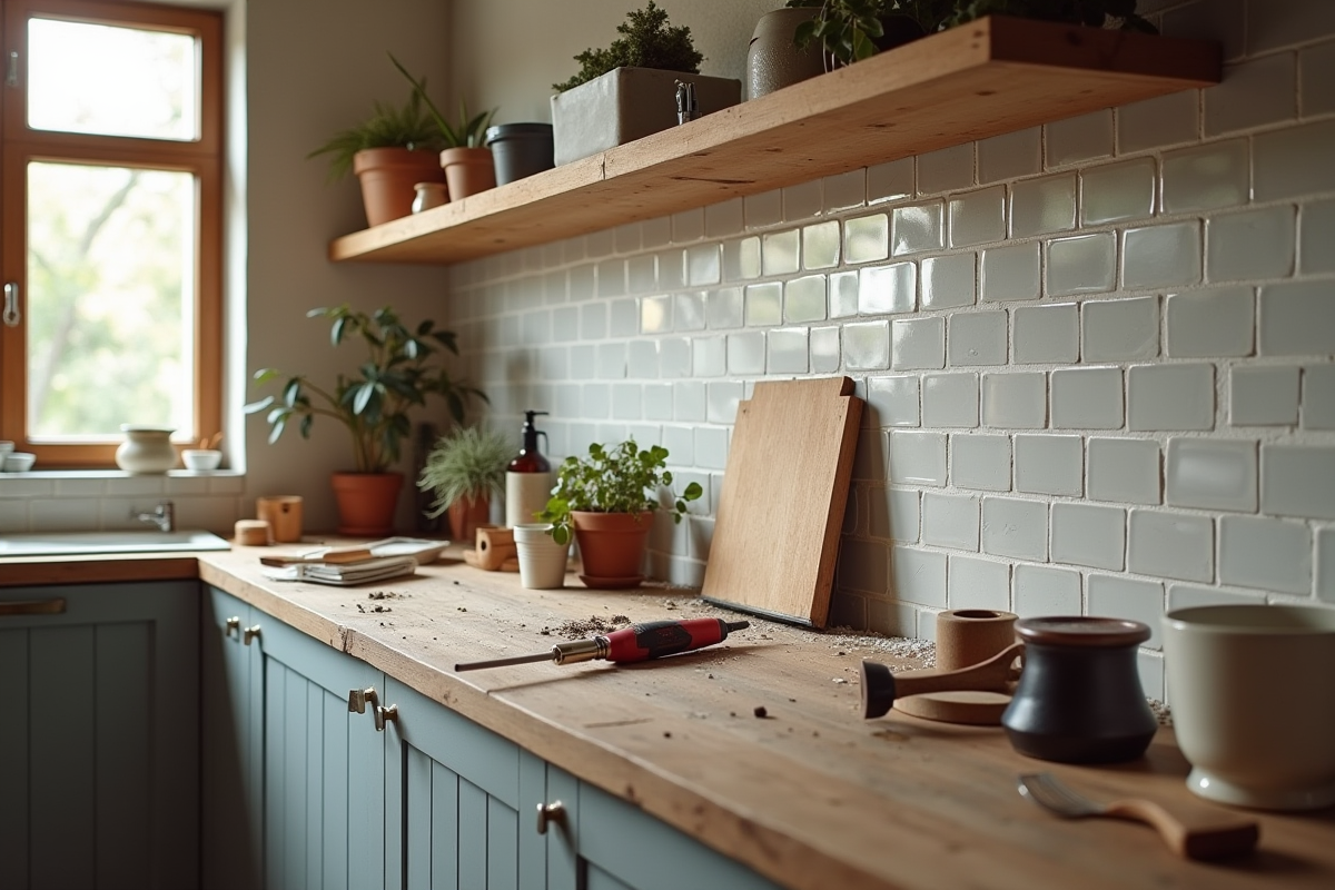 Travail en cours avec outils modernes dans une cuisine ancienne