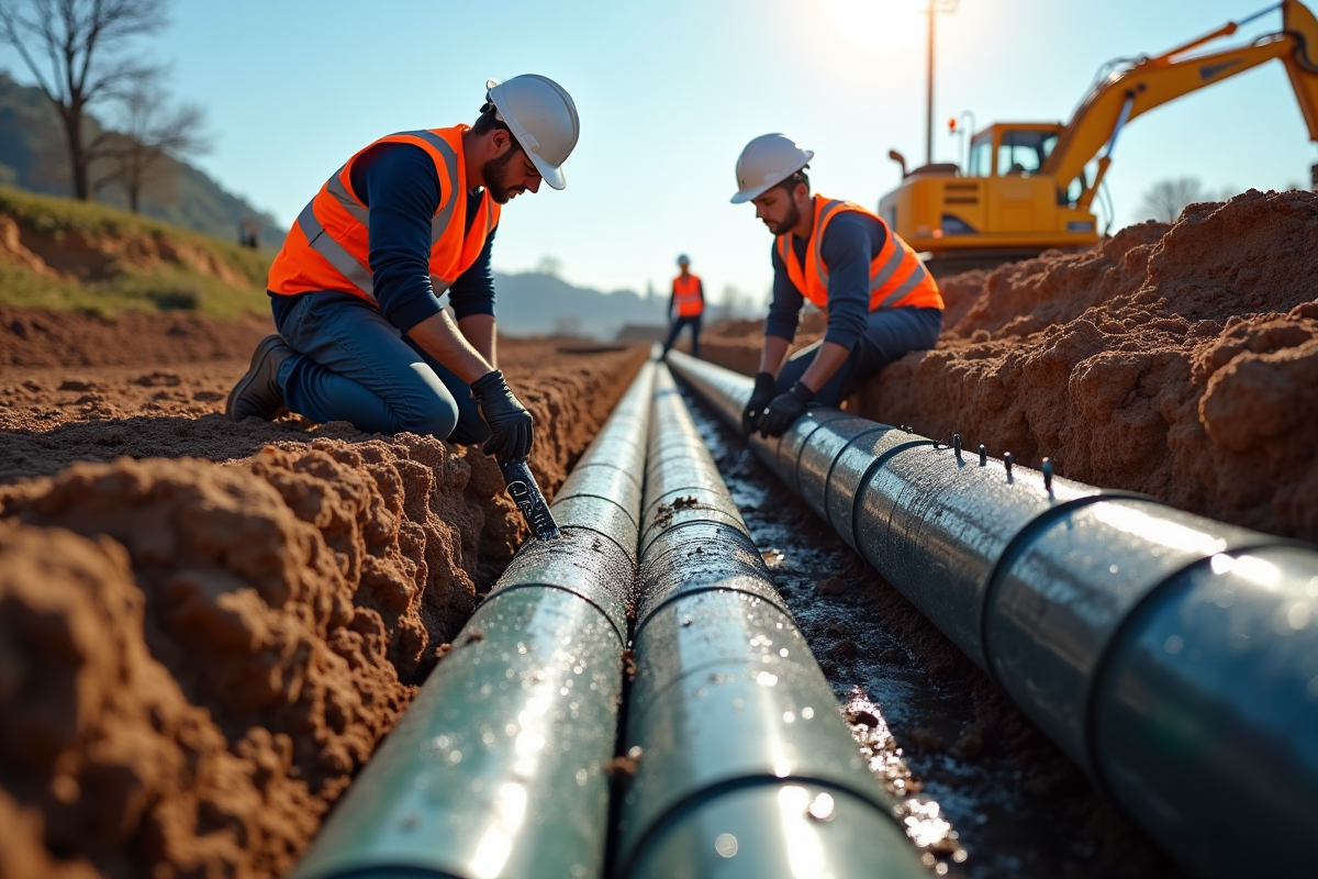 ouvriers installant de grands tuyaux d'eau souterrains sur un chantier