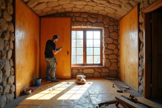 Installateur posant isolation dans mur en pierre ancienne
