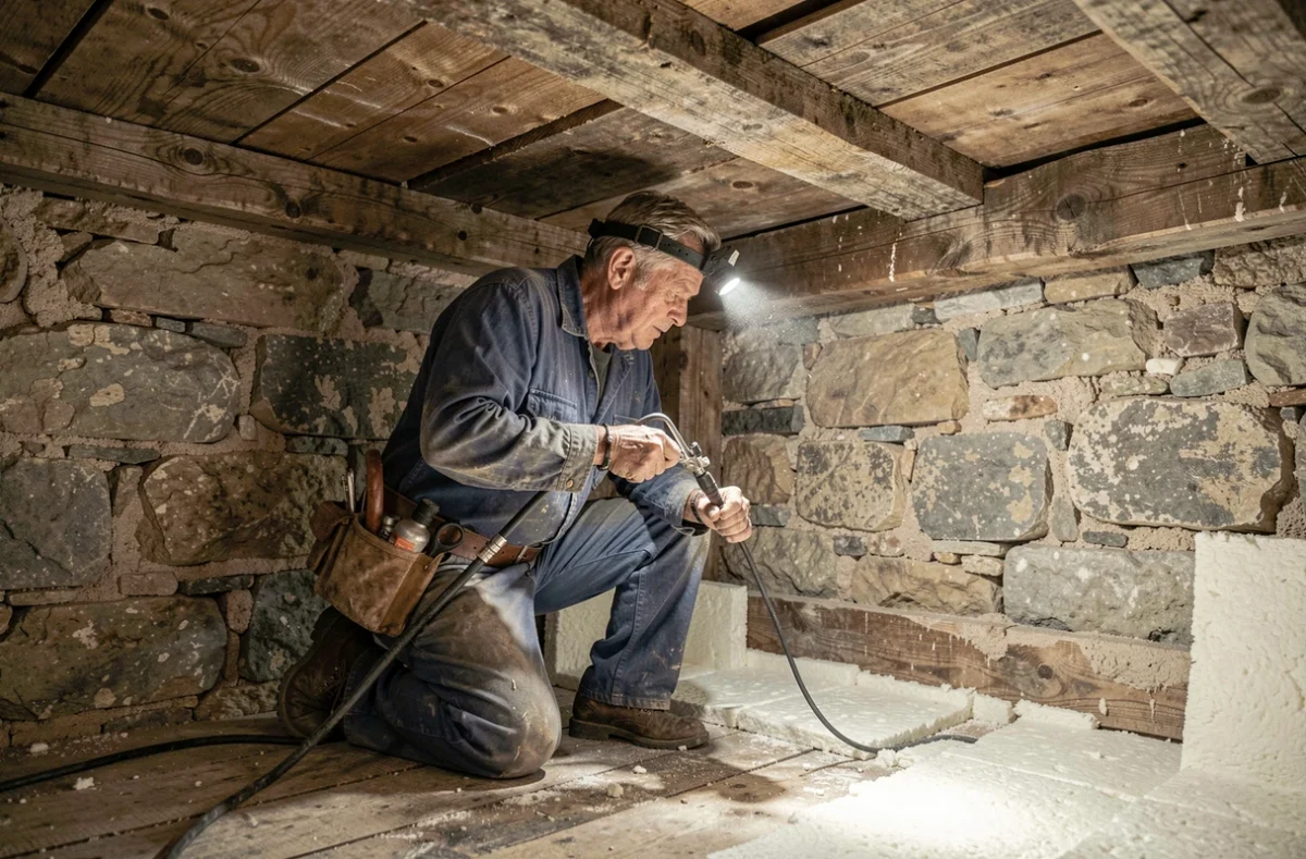 Artisan indépendant Jaouen Pascal appliquant une isolation thermique sous le plancher d'une ferme bretonne traditionnelle