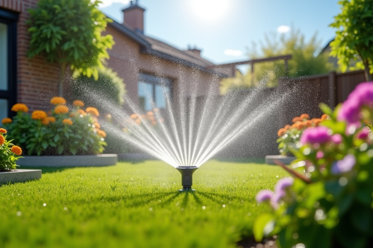 Jardin luxuriant avec arrosage automatique en action