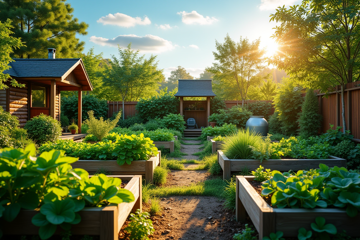 Jardin permaculture luxuriant avec lits surélevés et arbres fruitiers