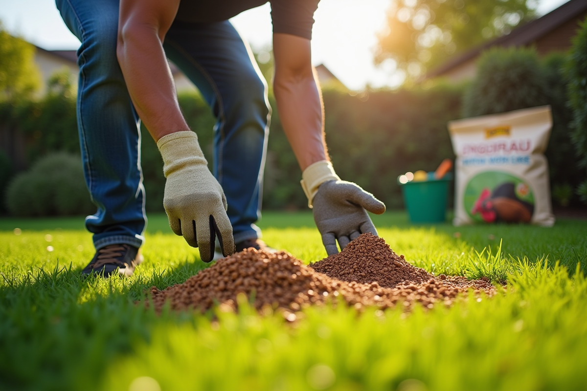 Jardinier appliquant des pellets d'engrais organique sur la pelouse