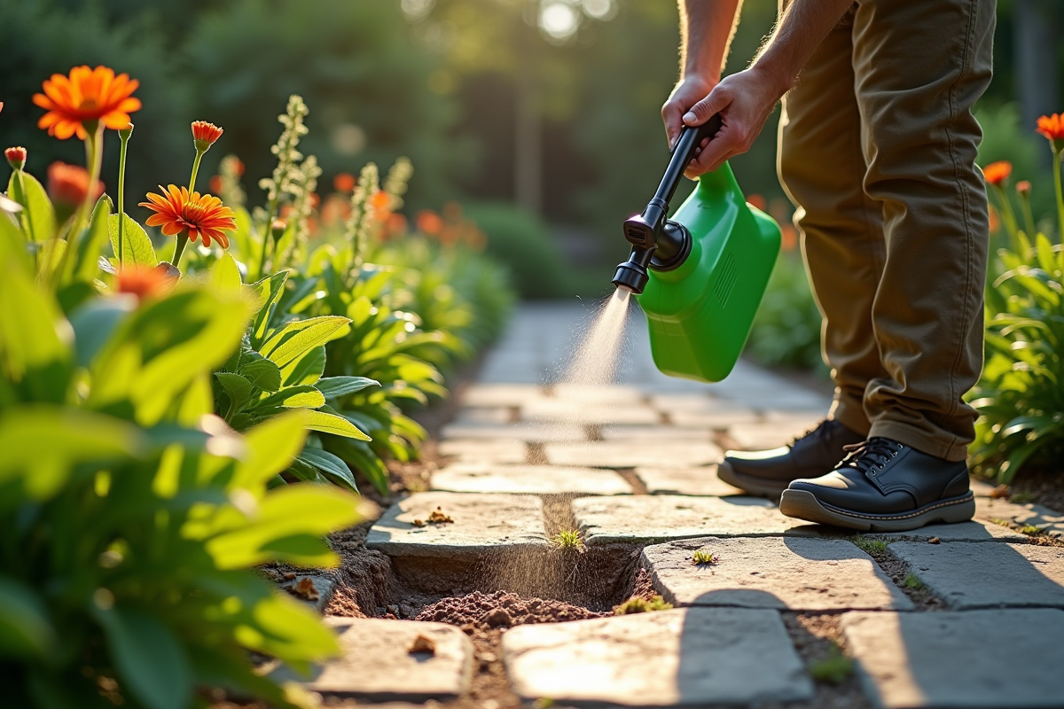 Jardinier utilisant un spray pour éliminer les mauvaises herbes dans un jardin ensoleille