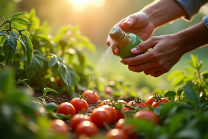 Jardinier saupoudrant pesticide naturel sur tomates en plein soleil