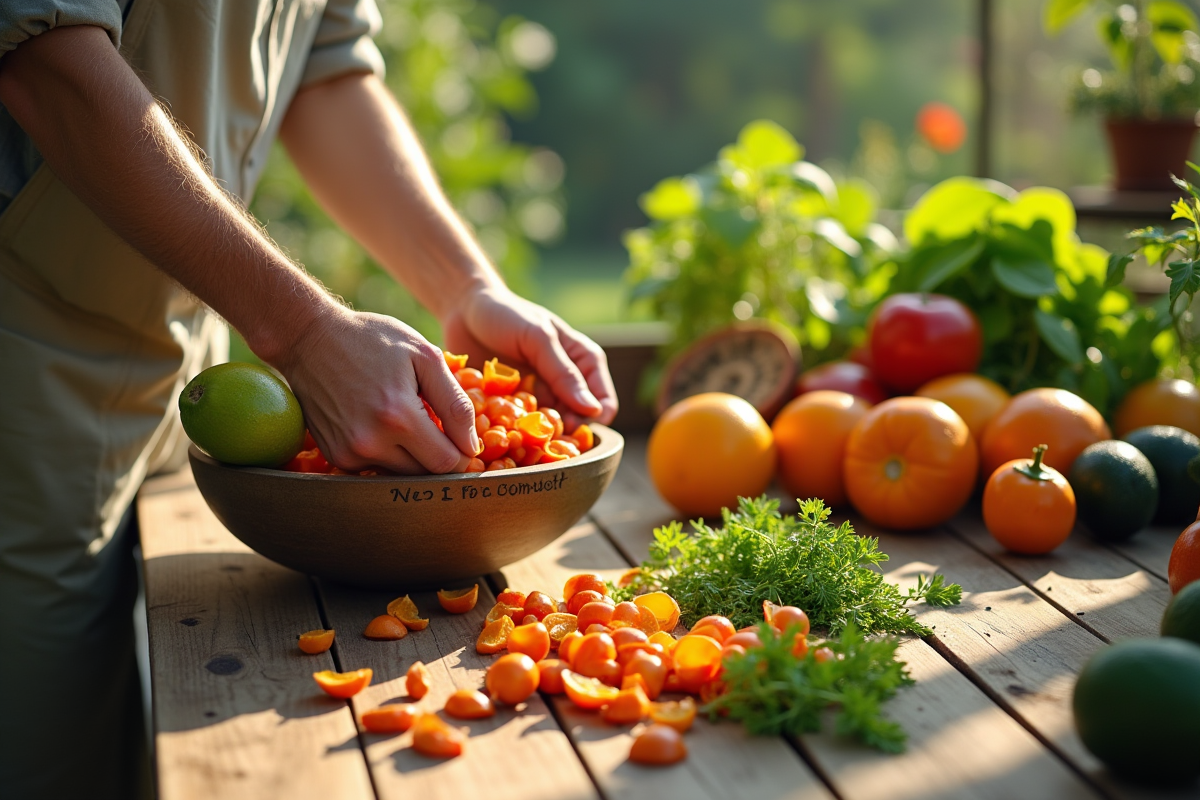 Jardinier triant légumes sur une table en bois