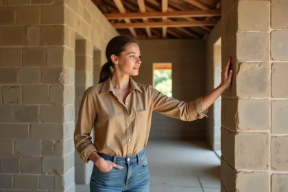 Jeune architecte dans une maison &eacute;cologique en terre crue