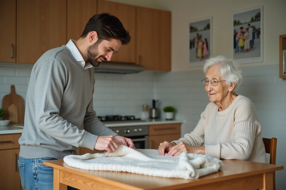Jeune adulte plie du linge dans la cuisine lumineuse