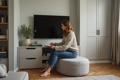 Jeune femme arrangeant des livres dans un salon moderne