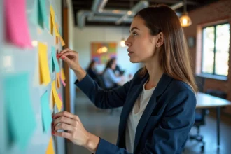 Jeune femme arrangeant des notes colorées sur un tableau blanc dans un bureau moderne