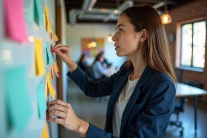 Jeune femme arrangeant des notes color&eacute;es sur un tableau blanc dans un bureau moderne