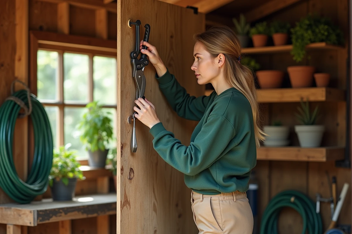 Jeune femme rangeant des outils dans un atelier de jardinage