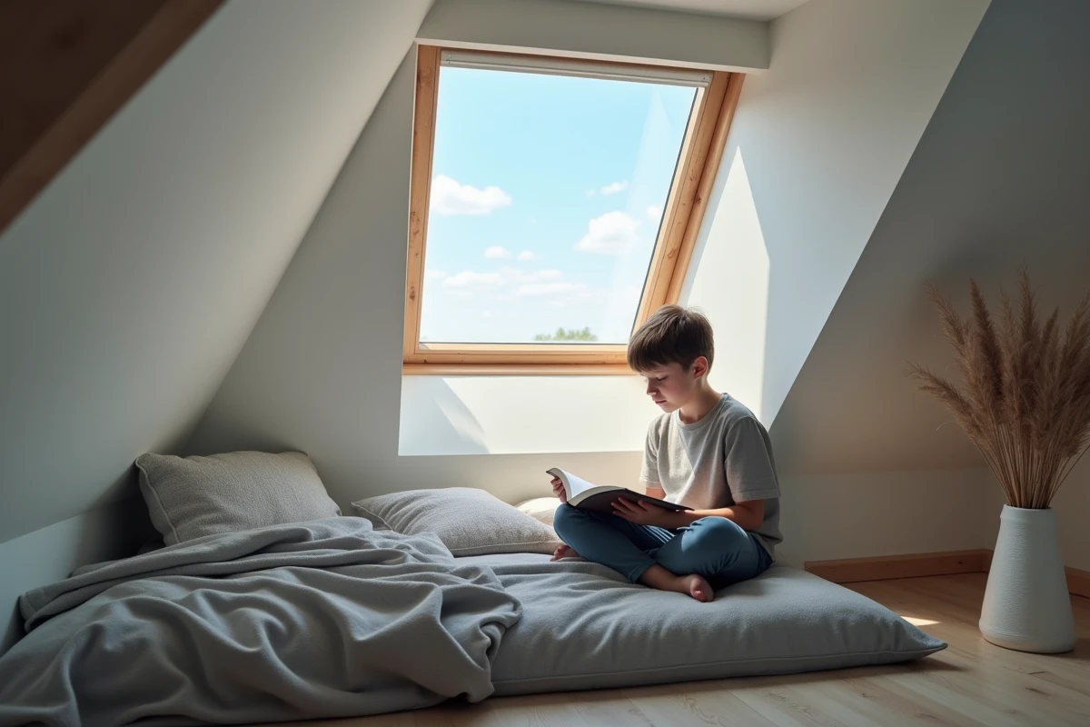 Adolescent lisant dans une chambre mansardee lumineuse