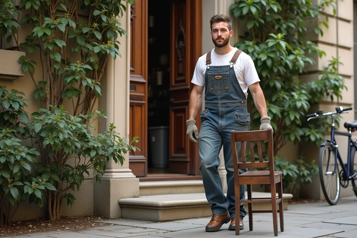 Jeune homme en overalls sortant une chaise ancienne devant la maison