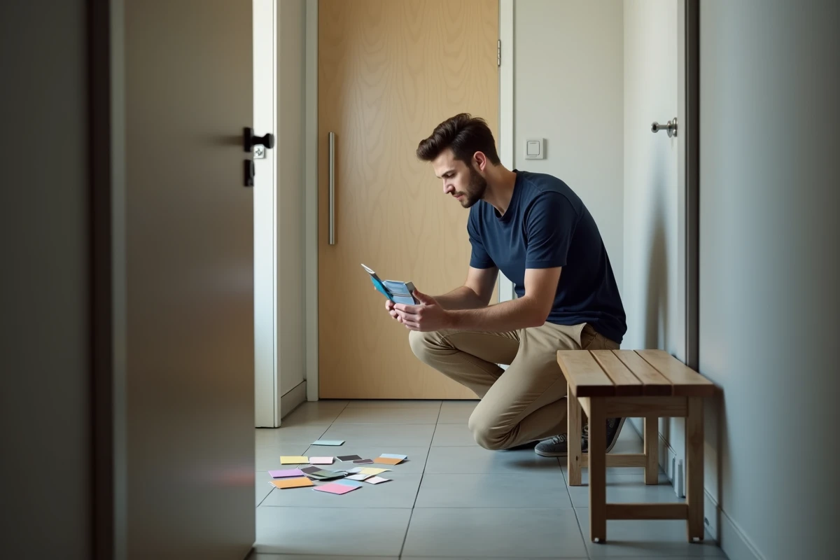 Jeune homme examinant des &eacute;chantillons de peinture dans l
