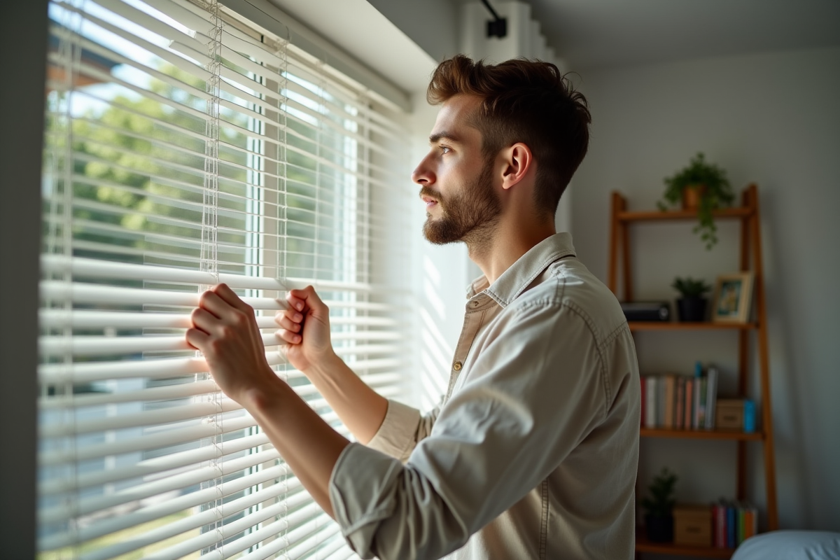 Jeune homme ajustant des volets dans une chambre lumineuse
