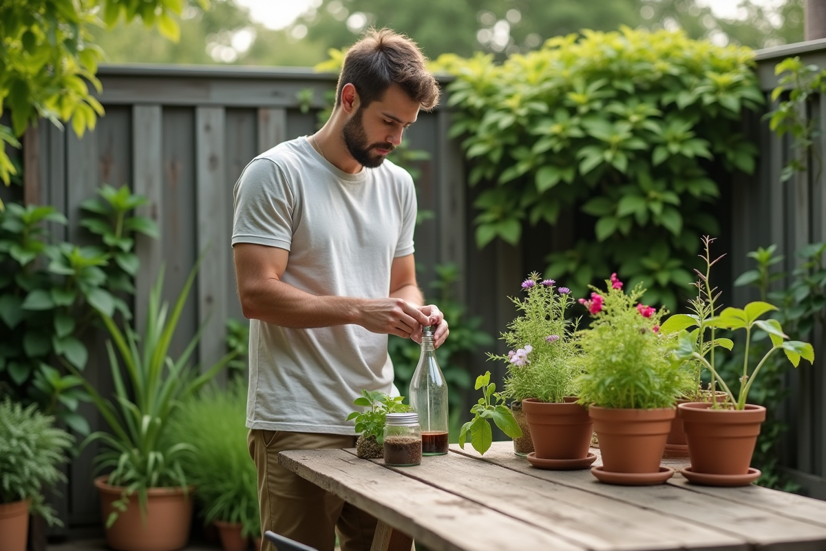 Jeune homme préparant un spray antiinsectes dans le jardin