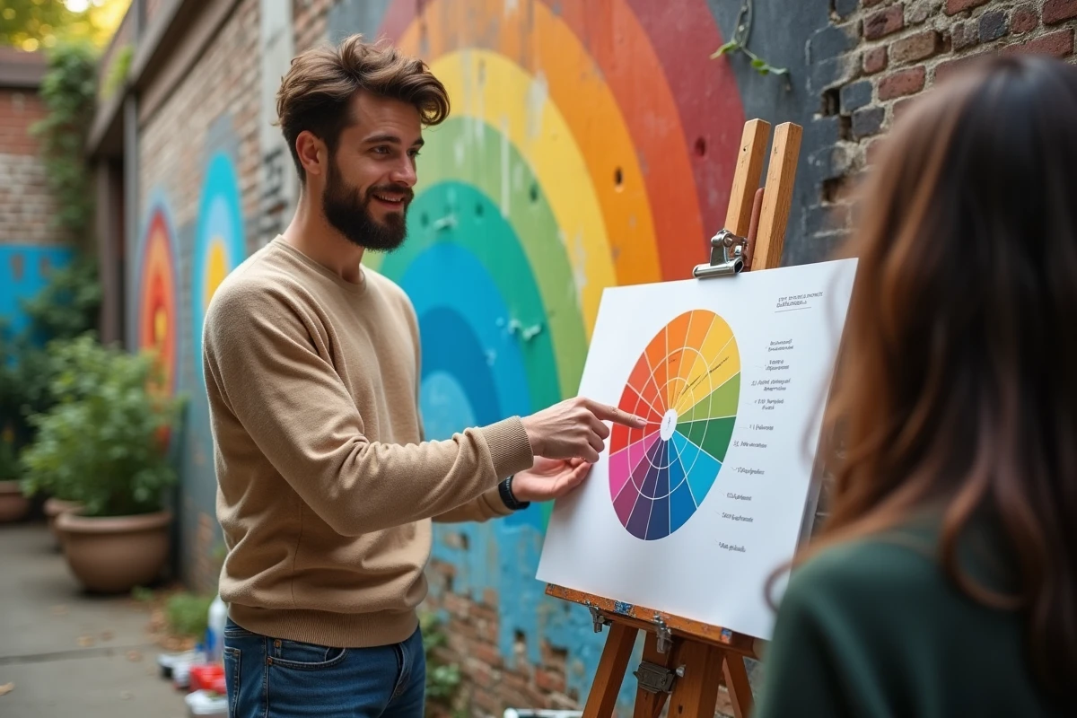 Jeune homme pointant un cercle chromatique sur un mur urbain