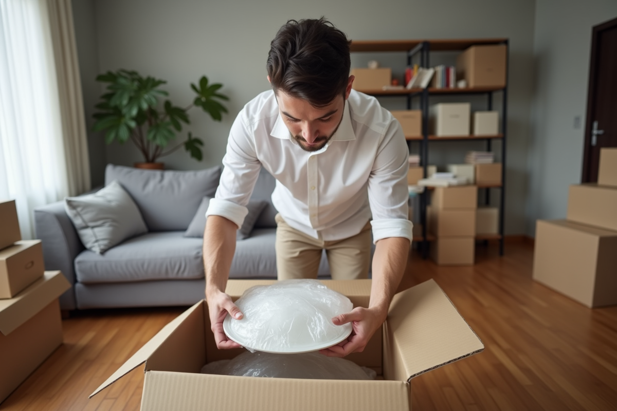 Jeune homme plaçant une assiette dans une boîte de déménagement