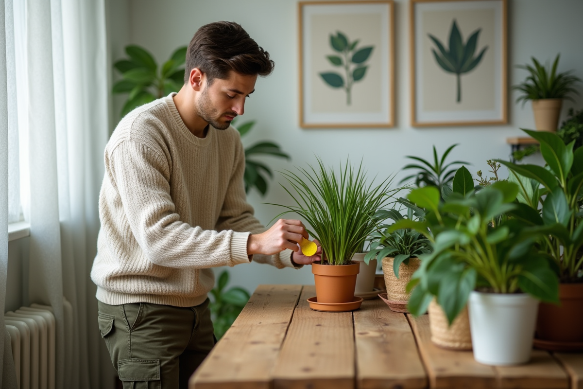 Jeune homme posant un piège à insectes parmi des plantes d