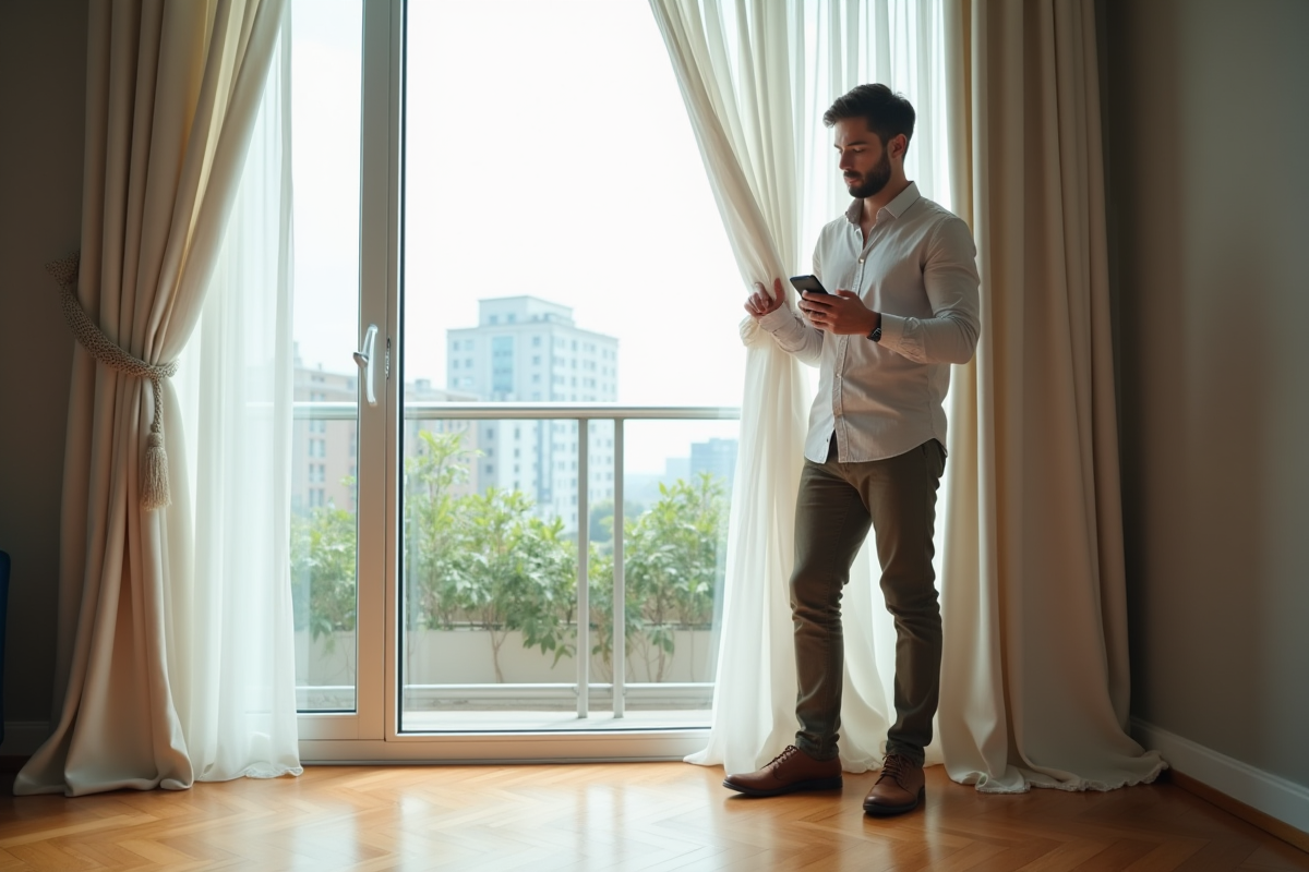 Jeune homme vérifiant la longueur d’un rideau avec son smartphone