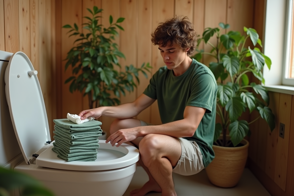 Jeune homme avec des lingettes réutilisables dans une salle de bain écologique