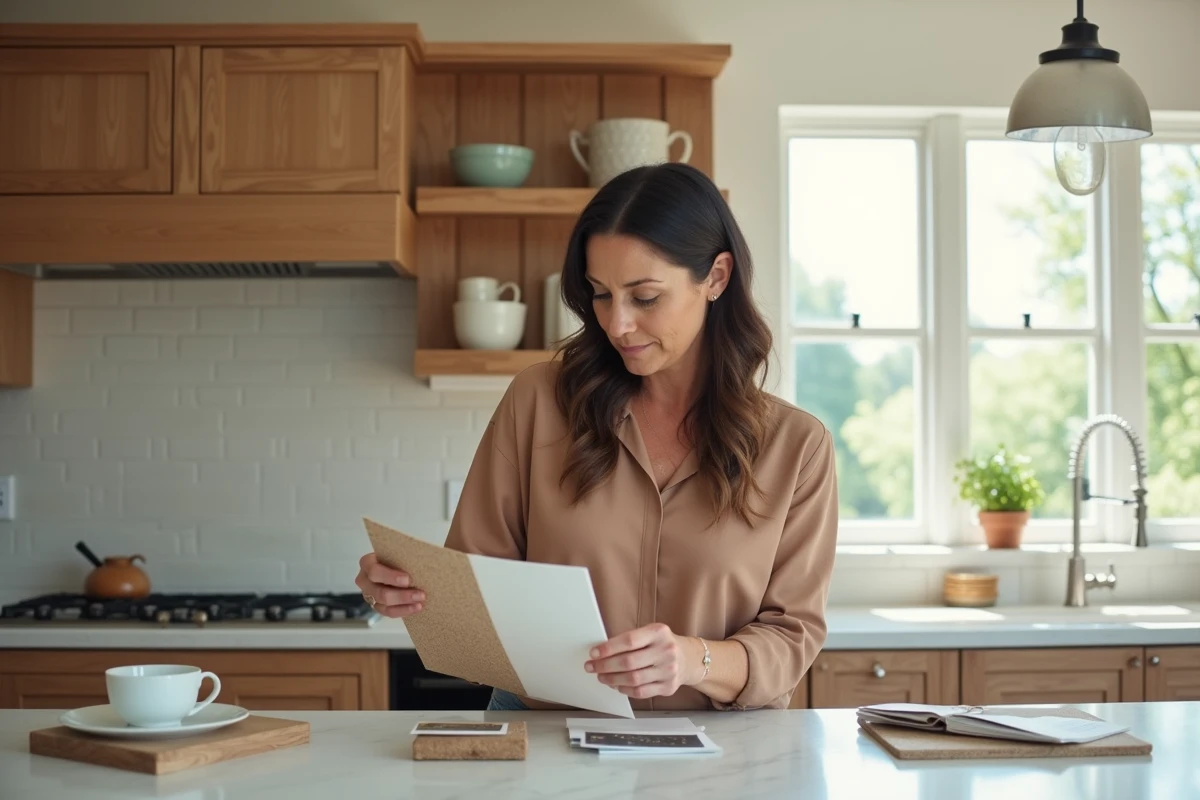 Joanna Gaines examine des &eacute;chantillons de peinture dans la cuisine