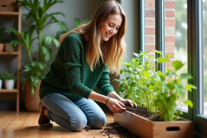 Femme plantant des herbes dans un jardin int&eacute;rieur lumineux