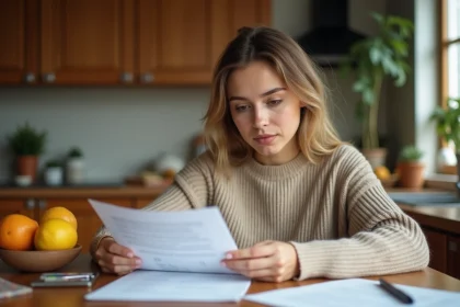 Jeune femme consultant un justificatif de domicile à la table familiale