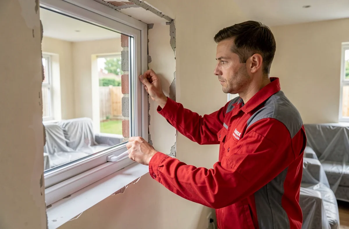Technicien K par K posant une fenêtre PVC neuve sans travaux lourds dans un appartement résidentiel