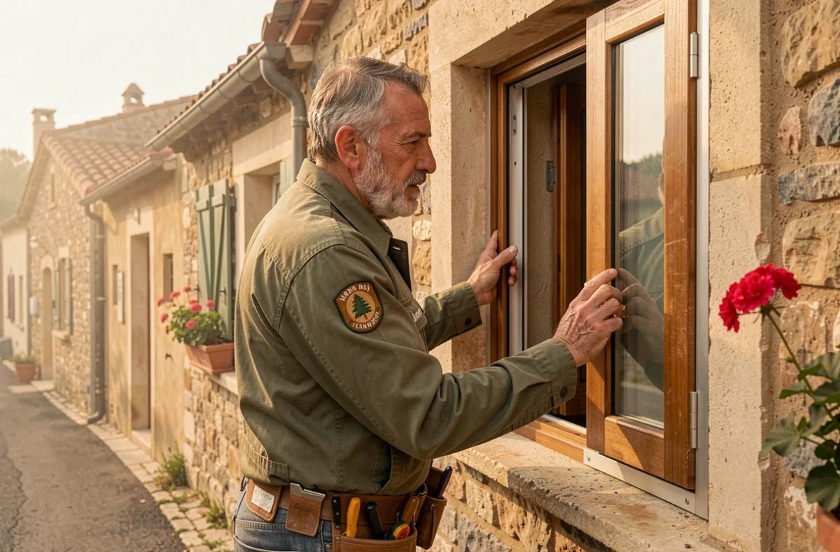 Artisan du réseau Komilfo installant une fenêtre composite sur une maison de village dans le Var