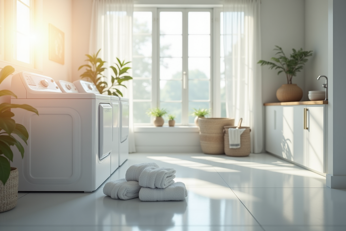 Salle de lavage moderne avec machine à laver en premier plan
